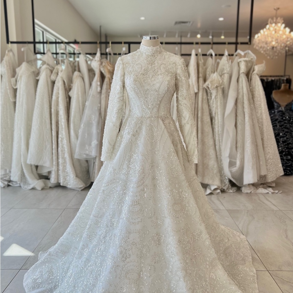 Royal Beaded Modest Wedding Dress (White/Ivory) - Picture 3 of 10